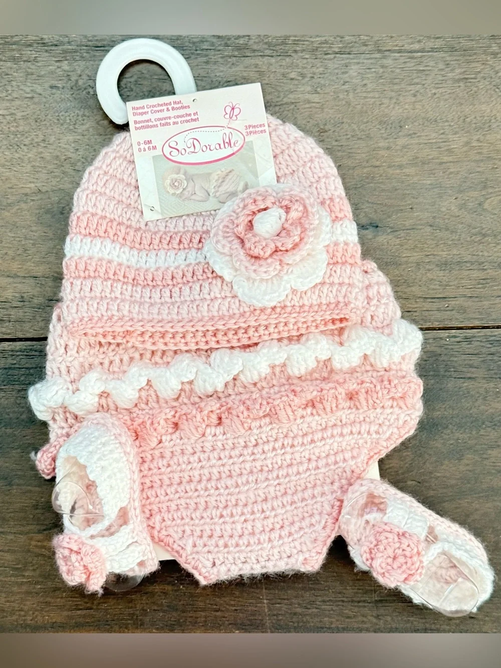 So’Dorable Baby Girl Crochet Hat Diaper Cover Booties Set Pink 0-6M 3 Pc NWT